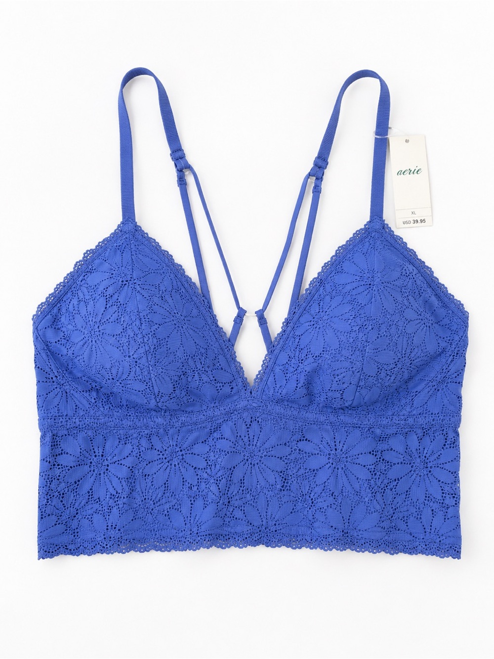 Aerie Lace Longline Bralette Blue Floral Strappy Back XL NWT